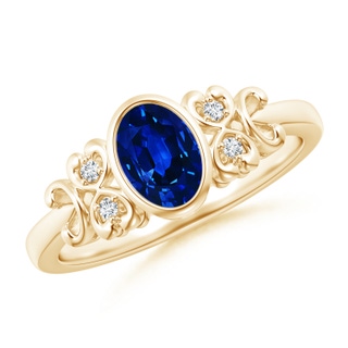 7x5mm AAAA Vintage Style Bezel-Set Oval Sapphire Ring with Diamonds in Yellow Gold