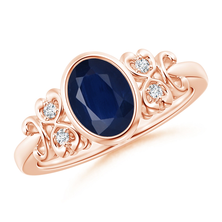 8x6mm A Vintage Style Bezel-Set Oval Sapphire Ring with Diamonds in Rose Gold 