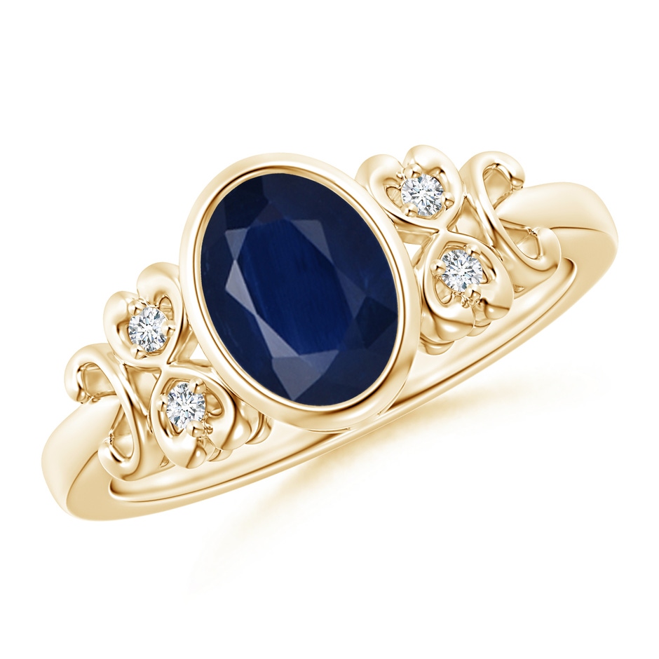 8x6mm A Vintage Style Bezel-Set Oval Sapphire Ring with Diamonds in Yellow Gold 