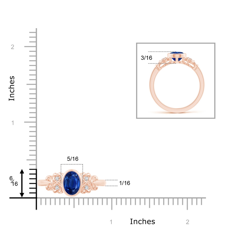 8x6mm AAA Vintage Style Bezel-Set Oval Sapphire Ring with Diamonds in Rose Gold ruler
