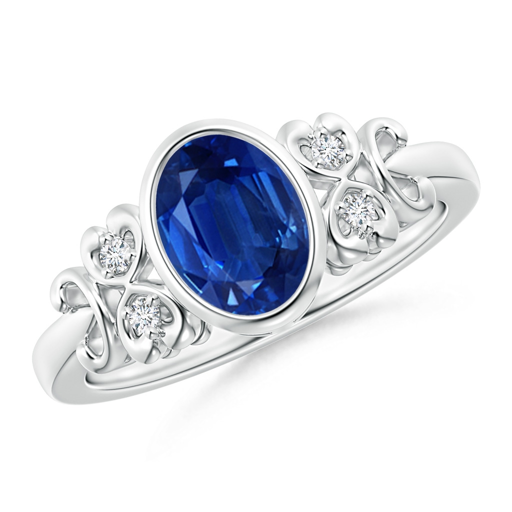 8x6mm AAA Vintage Style Bezel-Set Oval Sapphire Ring with Diamonds in White Gold