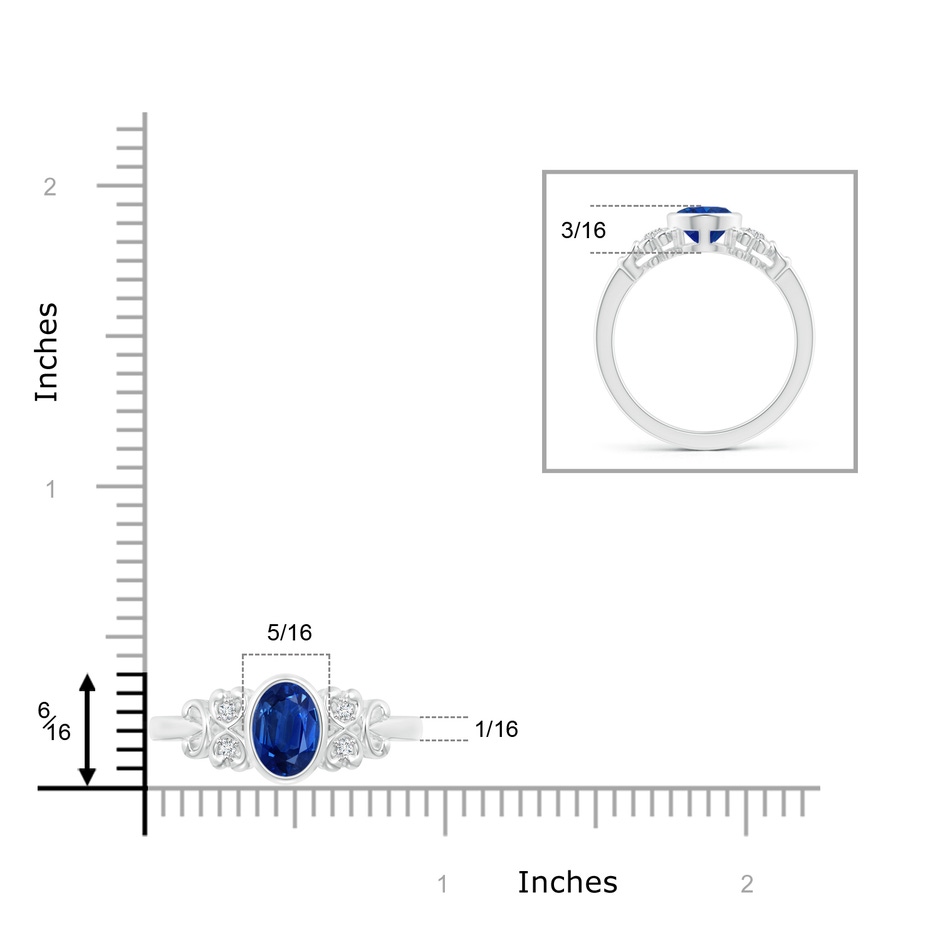 8x6mm AAA Vintage Style Bezel-Set Oval Sapphire Ring with Diamonds in White Gold ruler