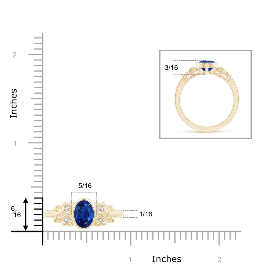 8x6mm AAA Vintage Style Bezel-Set Oval Sapphire Ring with Diamonds in Yellow Gold ruler