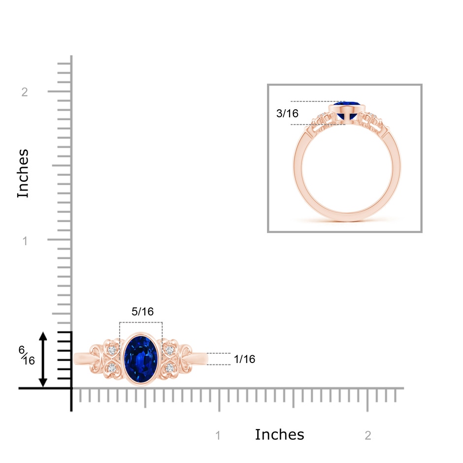 8x6mm Lab-Grown Vintage Style Bezel-Set Oval Sapphire Ring with Diamonds in Rose Gold ruler