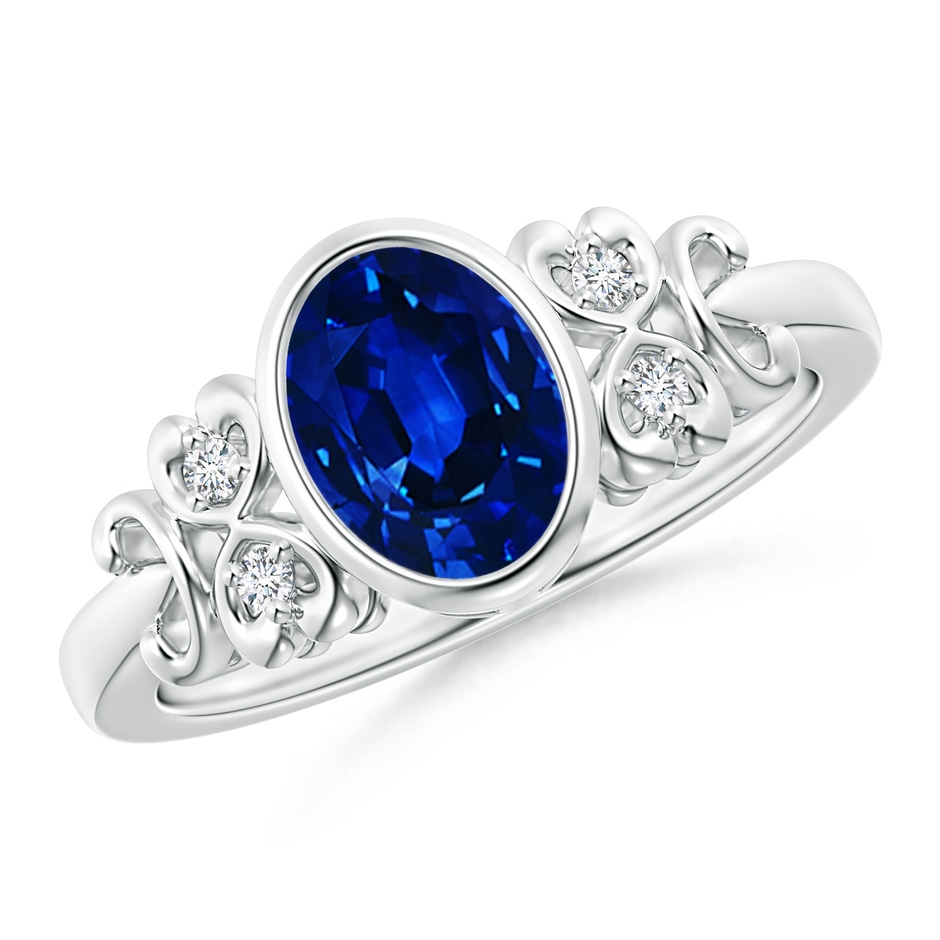 8x6mm Lab-Grown Vintage Style Bezel-Set Oval Sapphire Ring with Diamonds in White Gold 