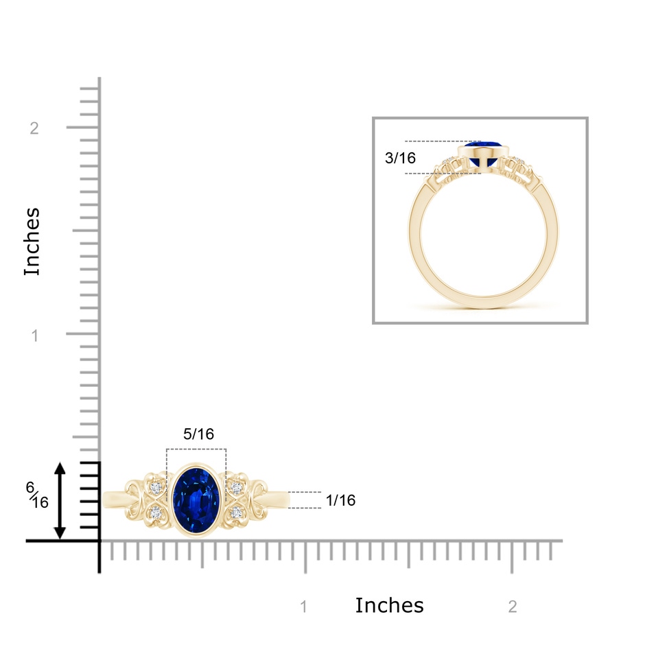 8x6mm AAAA Vintage Style Bezel-Set Oval Sapphire Ring with Diamonds in Yellow Gold ruler