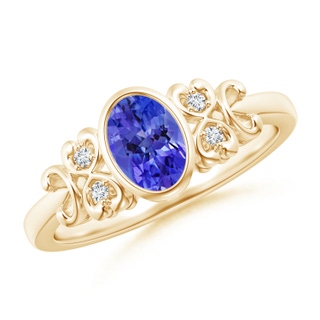 7x5mm AAA Vintage Style Bezel-Set Oval Tanzanite Ring with Diamonds in Yellow Gold