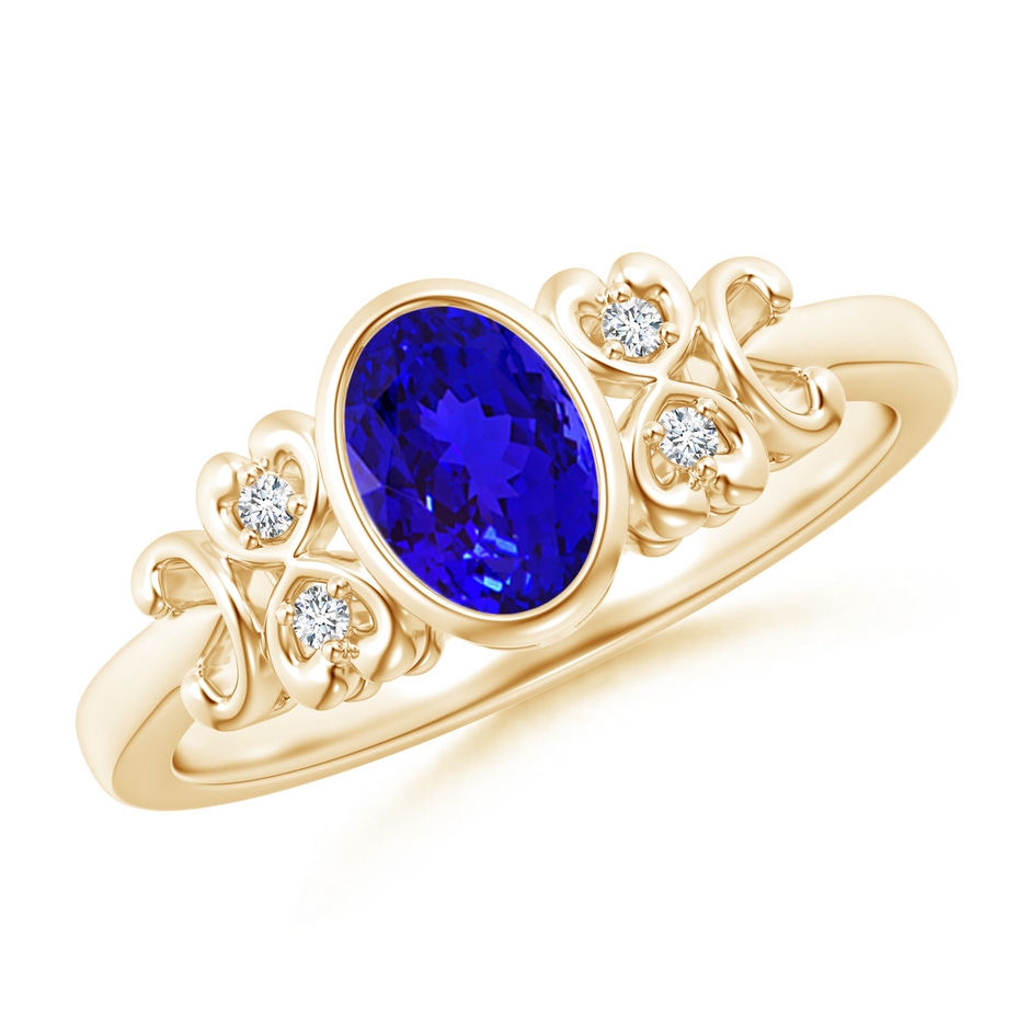 7x5mm AAAA Vintage Style Bezel-Set Oval Tanzanite Ring with Diamonds in Yellow Gold 