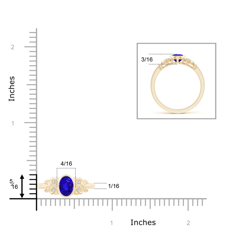 7x5mm AAAA Vintage Style Bezel-Set Oval Tanzanite Ring with Diamonds in Yellow Gold ruler