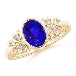 8x6mm AAAA Vintage Style Bezel-Set Oval Tanzanite Ring with Diamonds in Yellow Gold