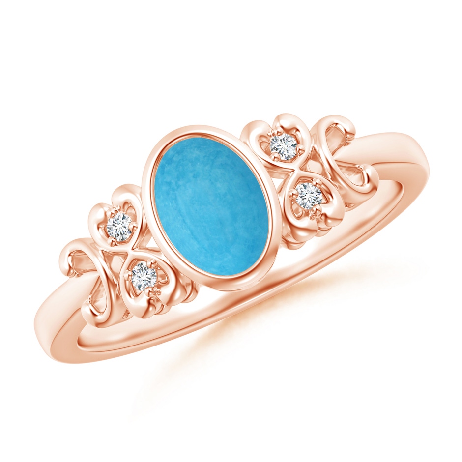 7x5mm A Vintage Style Bezel-Set Oval Turquoise Ring with Diamonds in Rose Gold 