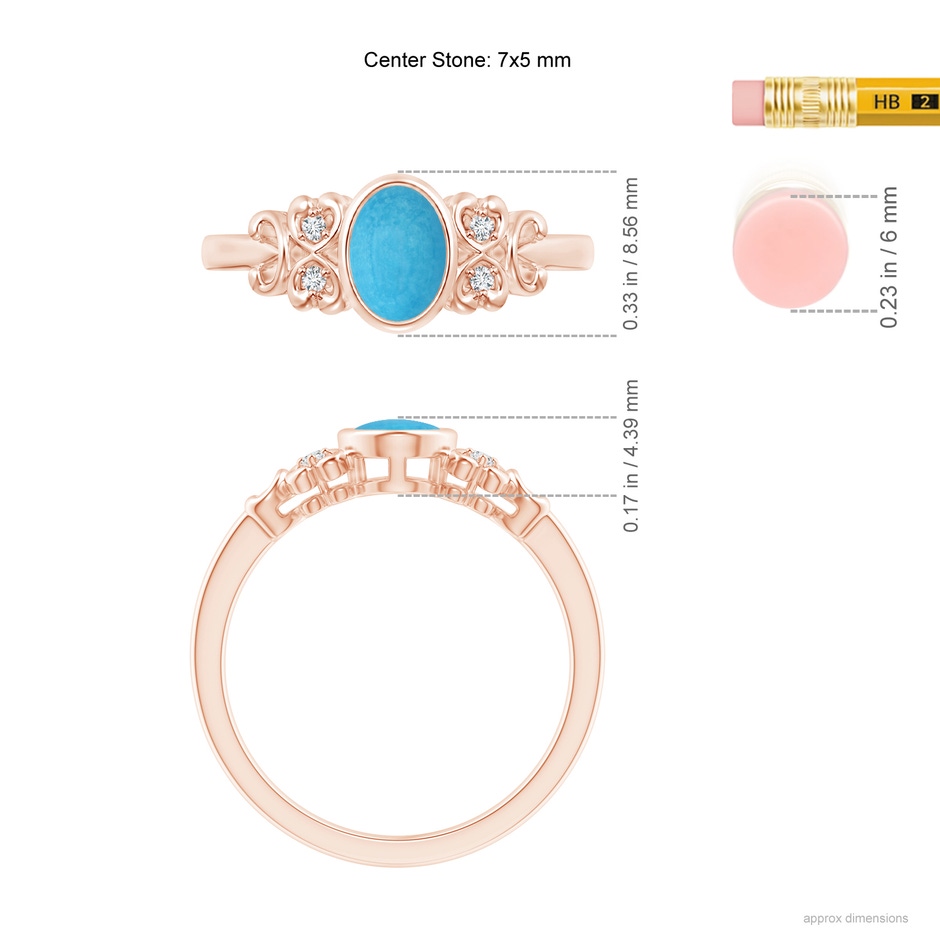 7x5mm A Vintage Style Bezel-Set Oval Turquoise Ring with Diamonds in Rose Gold ruler