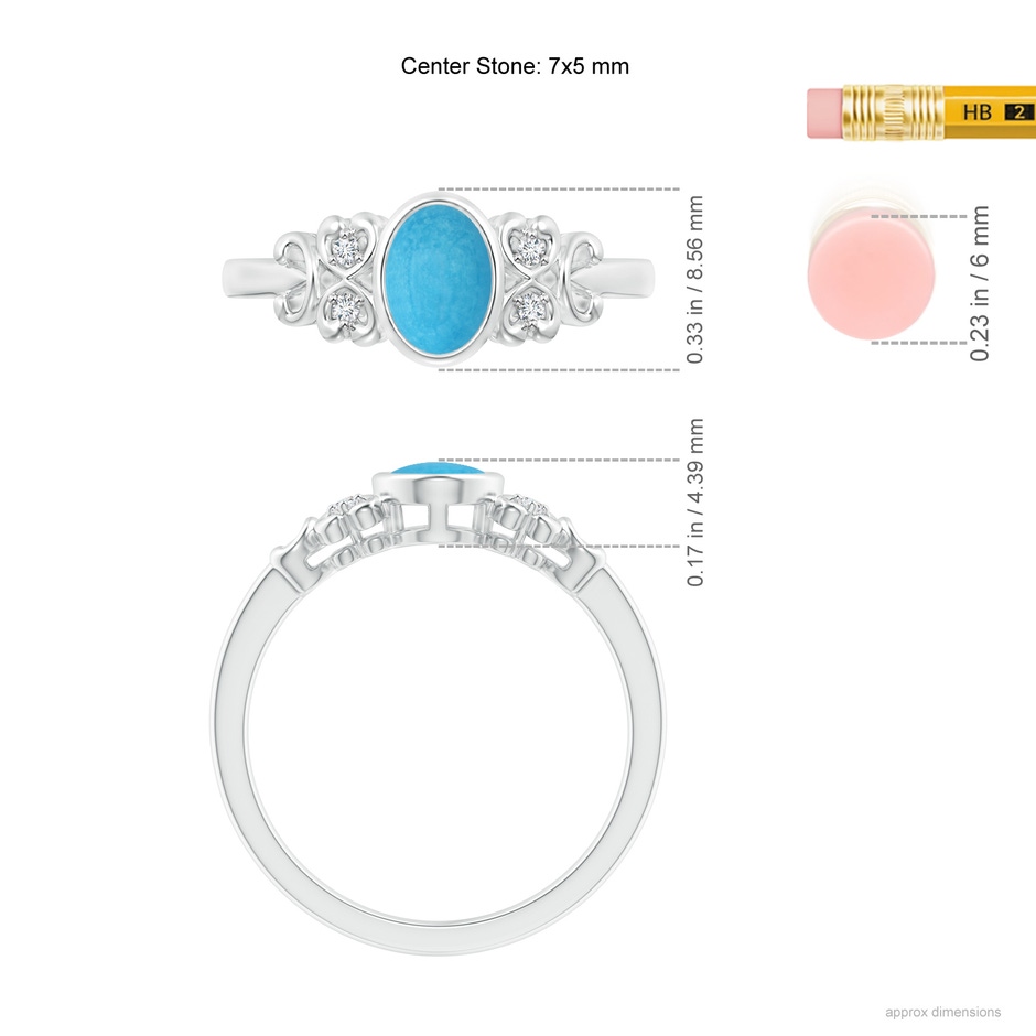 7x5mm A Vintage Style Bezel-Set Oval Turquoise Ring with Diamonds in White Gold ruler