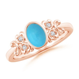 7x5mm AA Vintage Style Bezel-Set Oval Turquoise Ring with Diamonds in Rose Gold