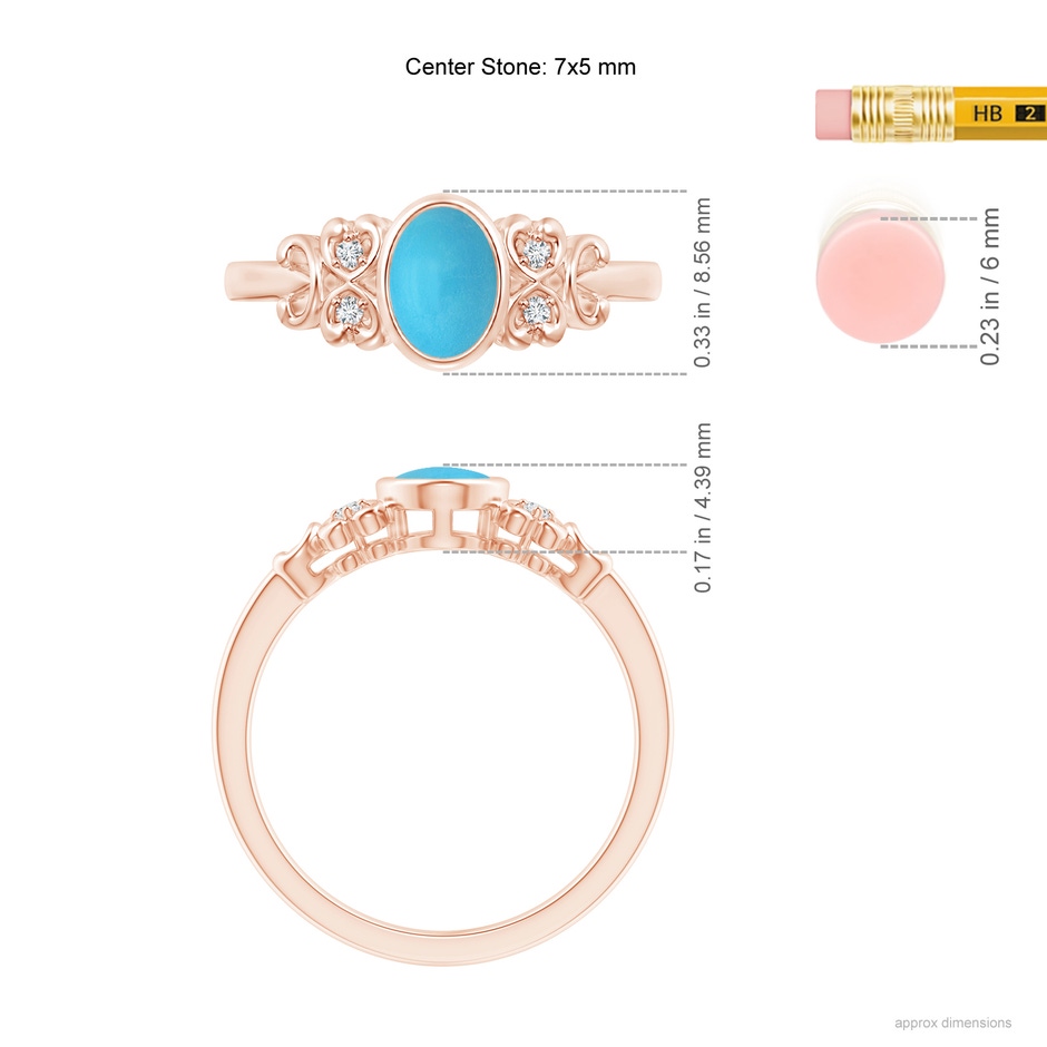 7x5mm AA Vintage Style Bezel-Set Oval Turquoise Ring with Diamonds in Rose Gold ruler