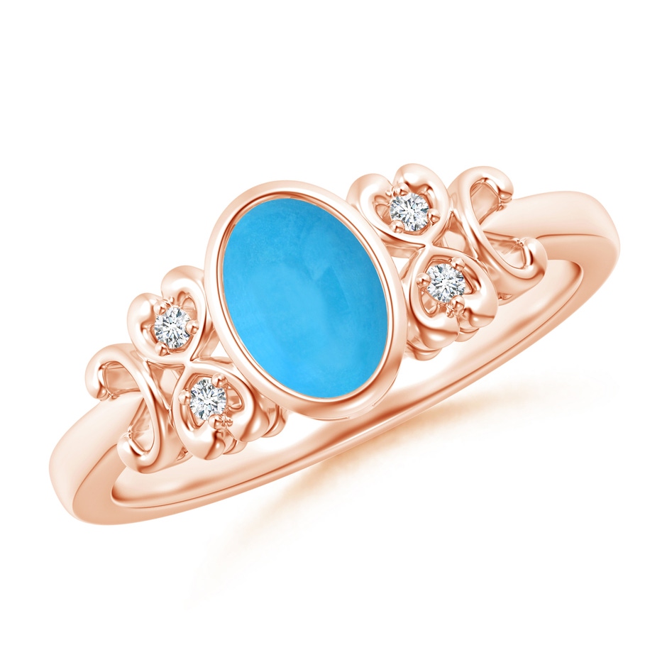 7x5mm AAA Vintage Style Bezel-Set Oval Turquoise Ring with Diamonds in Rose Gold 