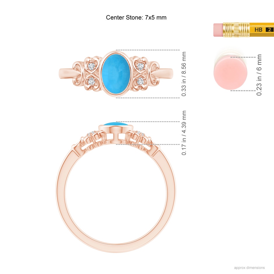 7x5mm AAA Vintage Style Bezel-Set Oval Turquoise Ring with Diamonds in Rose Gold ruler