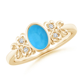 7x5mm AAA Vintage Style Bezel-Set Oval Turquoise Ring with Diamonds in Yellow Gold