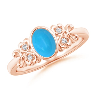 7x5mm AAAA Vintage Style Bezel-Set Oval Turquoise Ring with Diamonds in Rose Gold