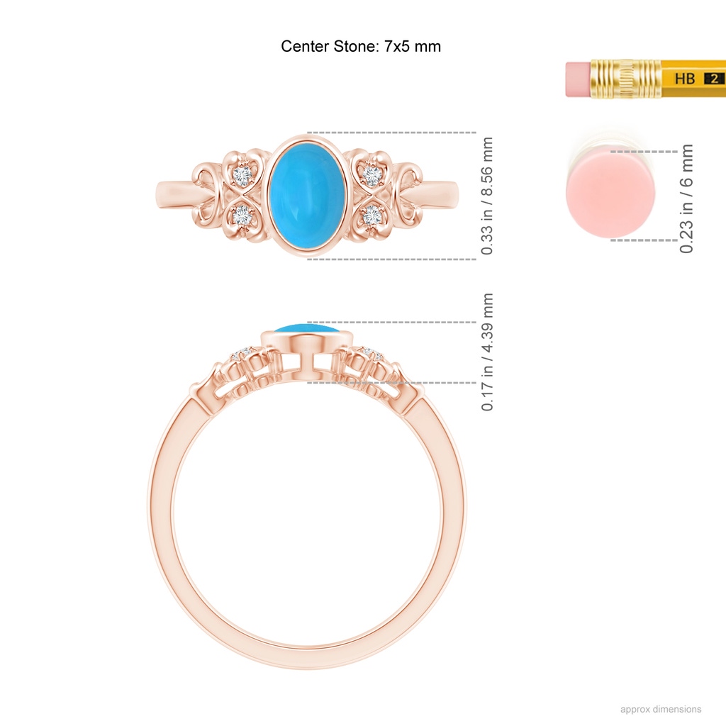 7x5mm AAAA Vintage Style Bezel-Set Oval Turquoise Ring with Diamonds in Rose Gold Ruler