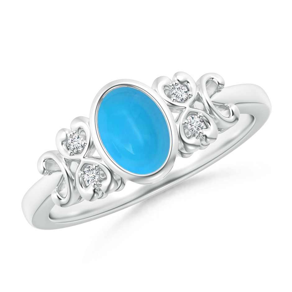 7x5mm AAAA Vintage Style Bezel-Set Oval Turquoise Ring with Diamonds in White Gold 