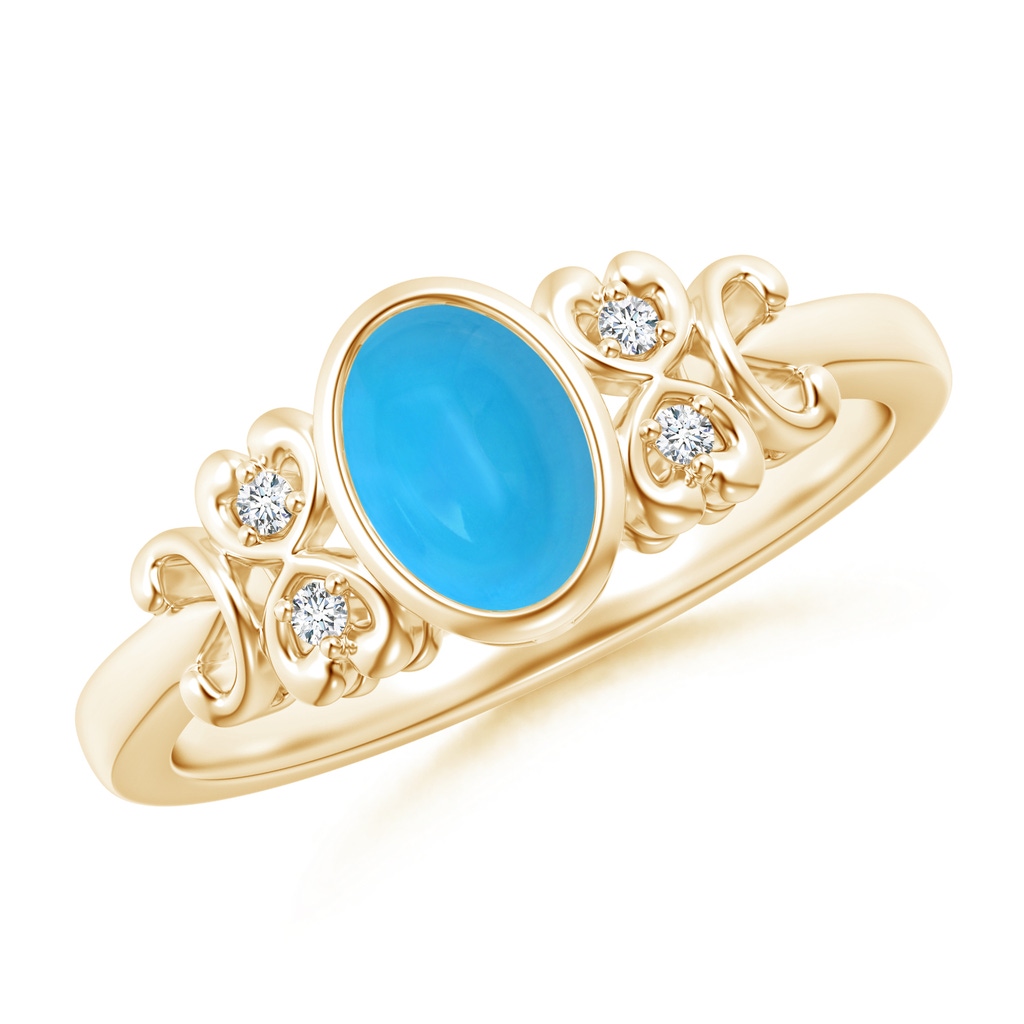 7x5mm AAAA Vintage Style Bezel-Set Oval Turquoise Ring with Diamonds in Yellow Gold