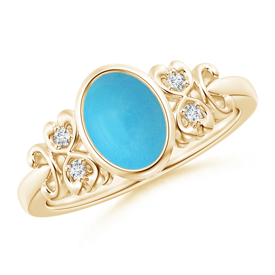 8x6mm AA Vintage Style Bezel-Set Oval Turquoise Ring with Diamonds in Yellow Gold 