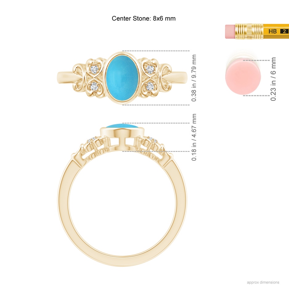 8x6mm AA Vintage Style Bezel-Set Oval Turquoise Ring with Diamonds in Yellow Gold ruler
