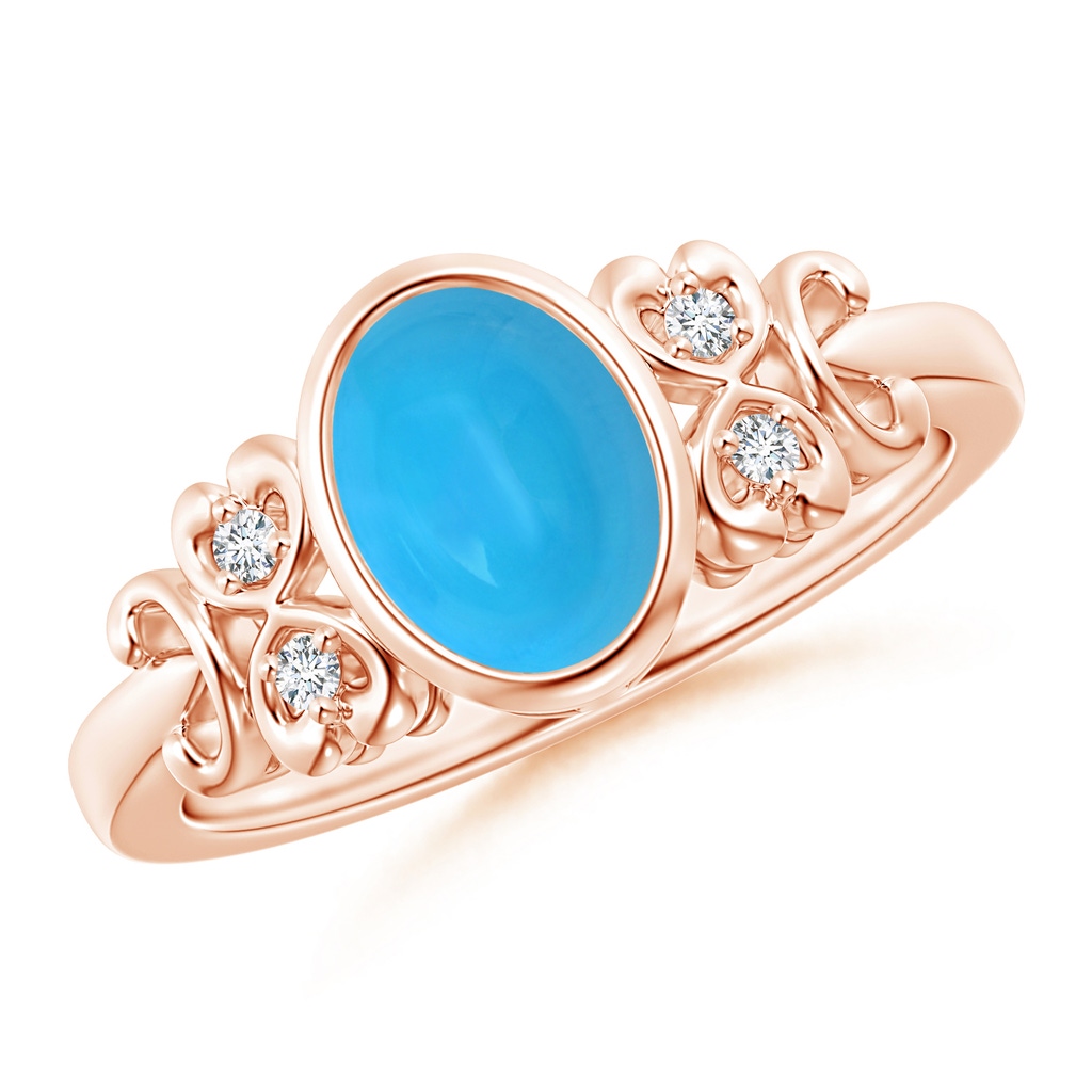 8x6mm AAAA Vintage Style Bezel-Set Oval Turquoise Ring with Diamonds in Rose Gold