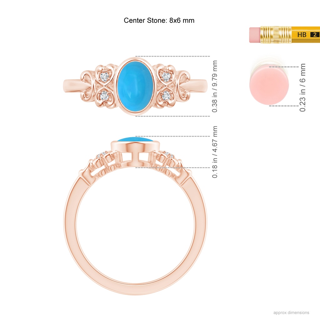 8x6mm AAAA Vintage Style Bezel-Set Oval Turquoise Ring with Diamonds in Rose Gold Ruler