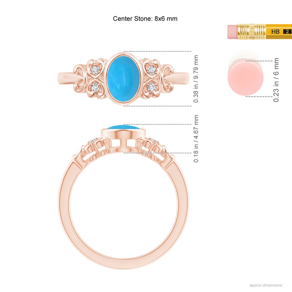 8x6mm AAAA Vintage Style Bezel-Set Oval Turquoise Ring with Diamonds in Rose Gold ruler