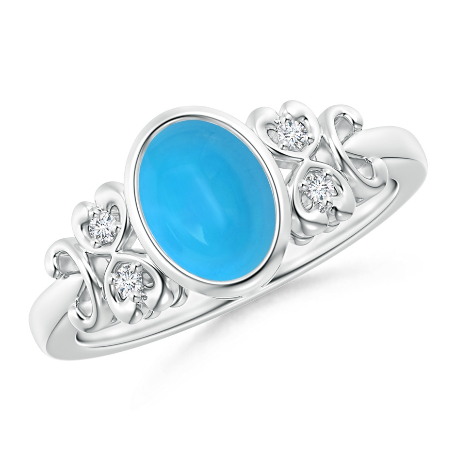 8x6mm AAAA Vintage Style Bezel-Set Oval Turquoise Ring with Diamonds in White Gold 