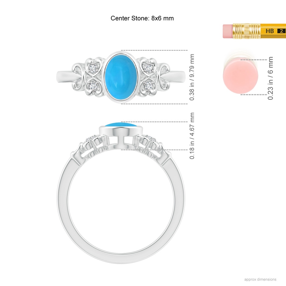 8x6mm AAAA Vintage Style Bezel-Set Oval Turquoise Ring with Diamonds in White Gold ruler
