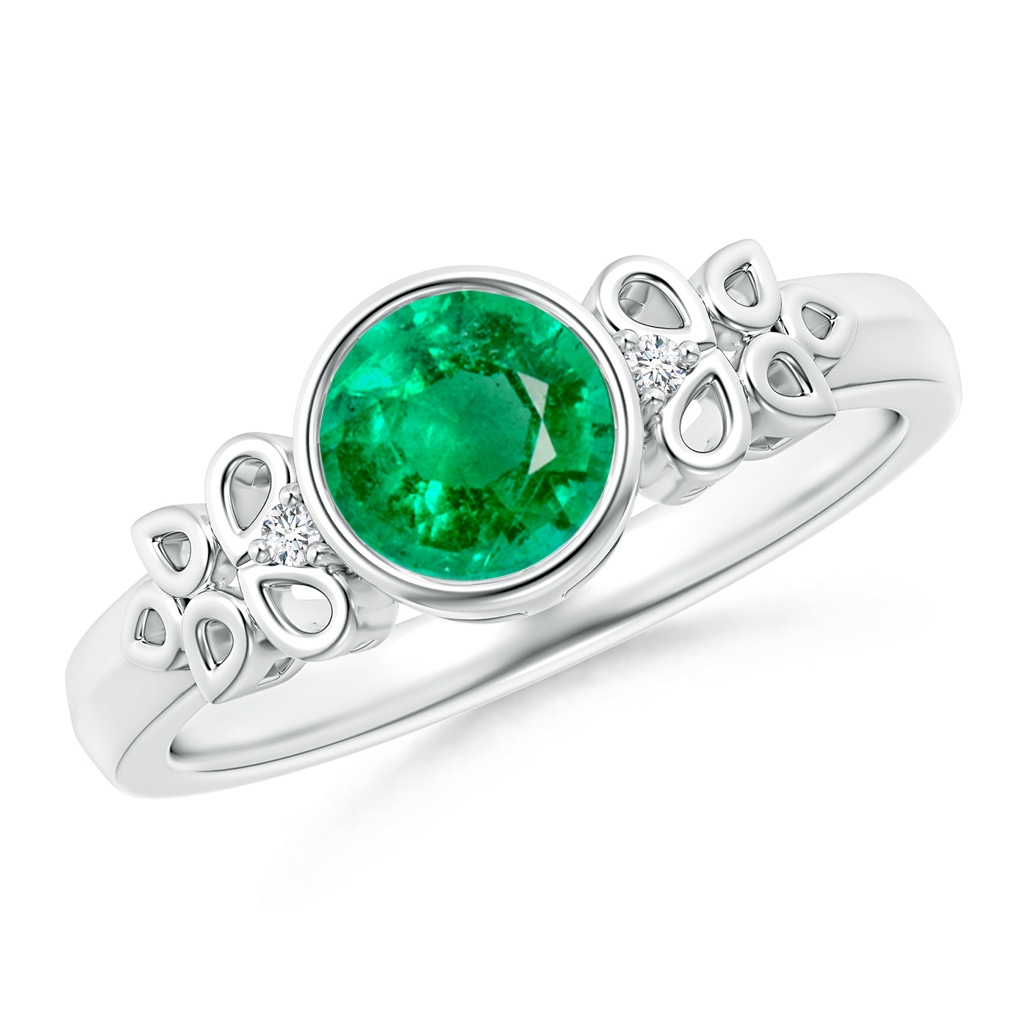 6mm AAA Vintage Style Round Emerald Ring with Pear Motifs in White Gold