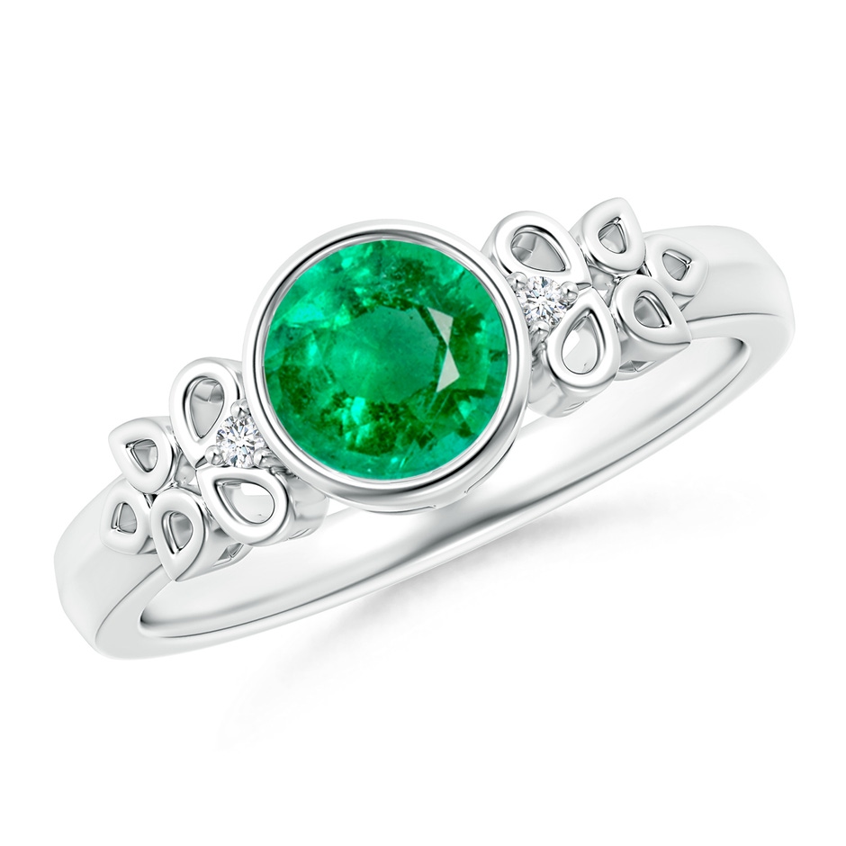 6mm AAA Vintage Style Round Emerald Ring with Pear Motifs in White Gold 