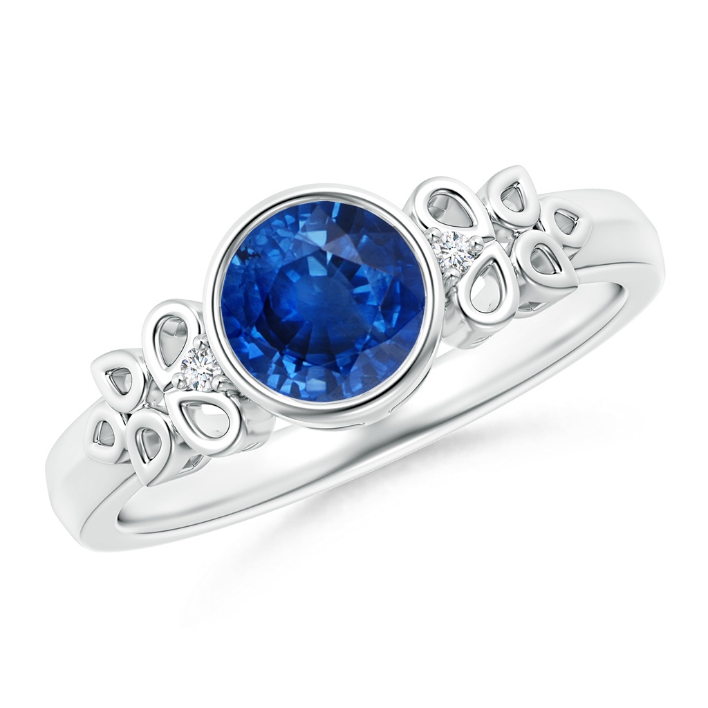 6mm AAA Vintage Style Round Blue Sapphire Ring with Pear Motifs in White Gold
