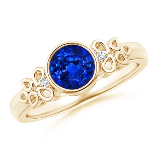 6mm AAAA Vintage Style Round Blue Sapphire Ring with Pear Motifs in Yellow Gold