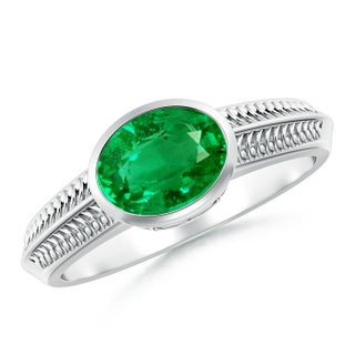 8x6mm AAA Vintage Inspired Bezel-Set Oval Emerald Ring with Grooves in White Gold