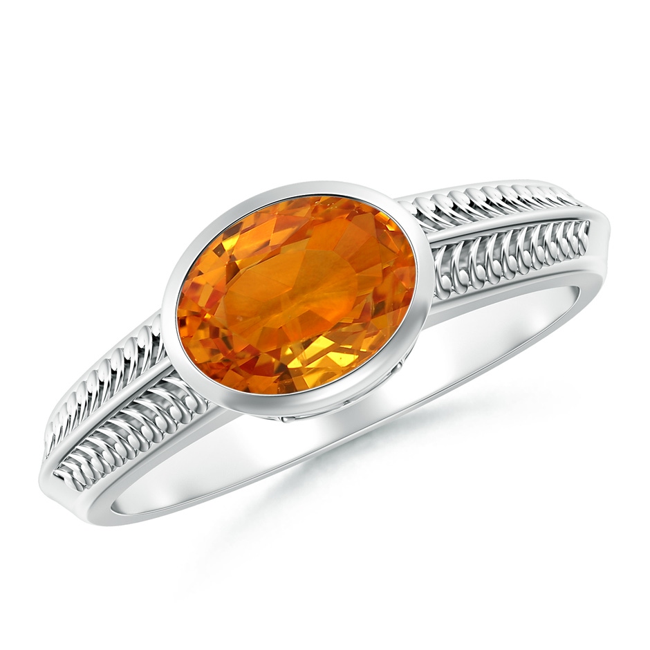 8x6mm AAA Vintage Inspired Bezel-Set Orange Sapphire Ring with Grooves in 18K White Gold 