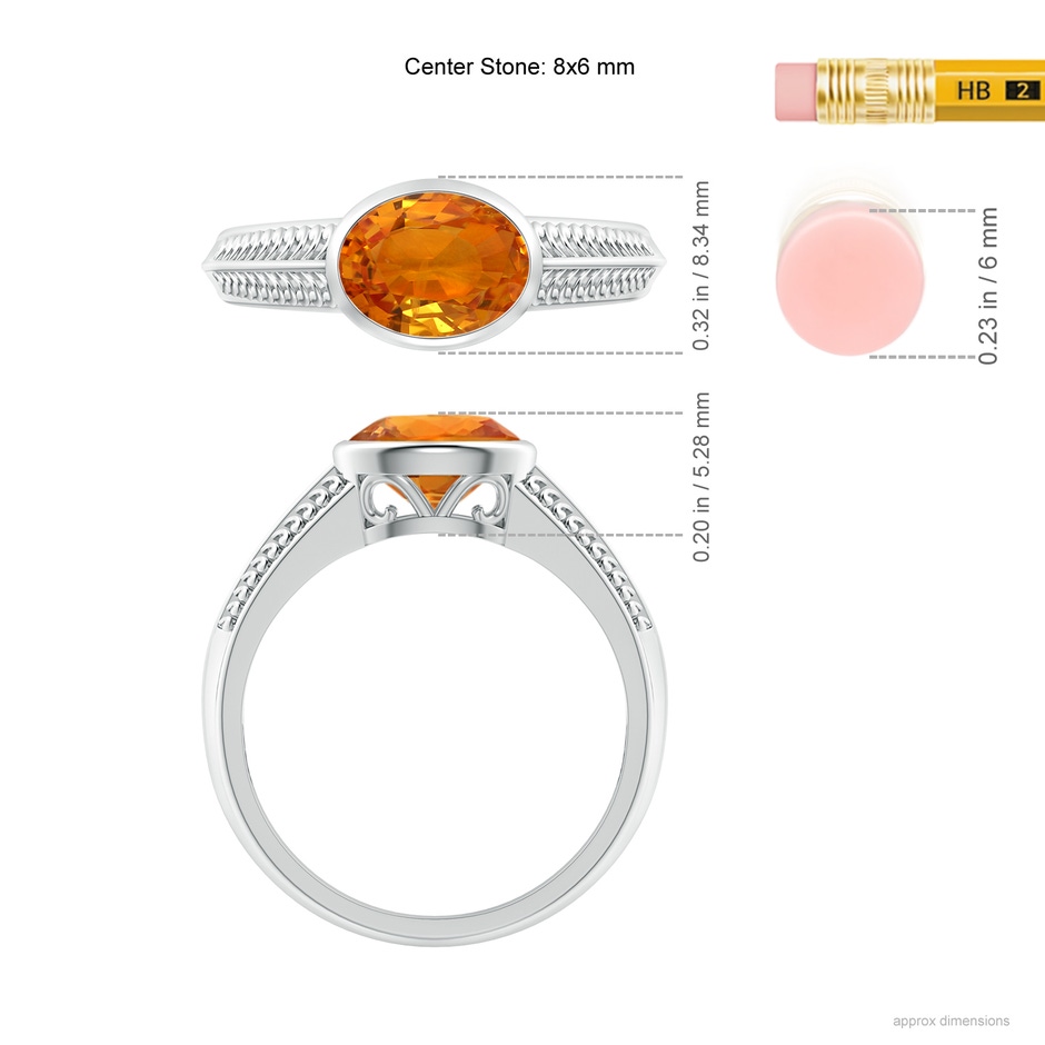 8x6mm AAA Vintage Inspired Bezel-Set Orange Sapphire Ring with Grooves in 18K White Gold ruler