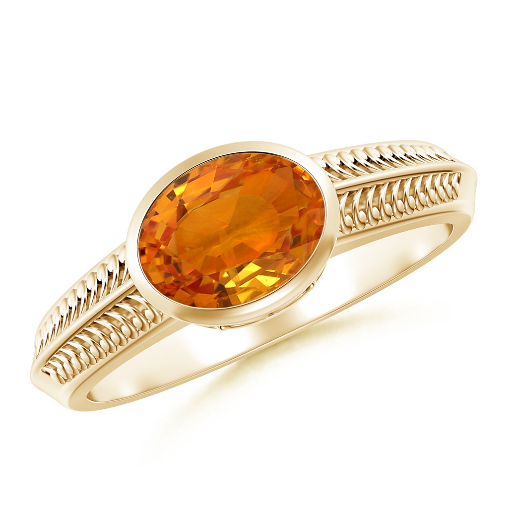 8x6mm AAA Vintage Inspired Bezel-Set Orange Sapphire Ring with Grooves in Yellow Gold