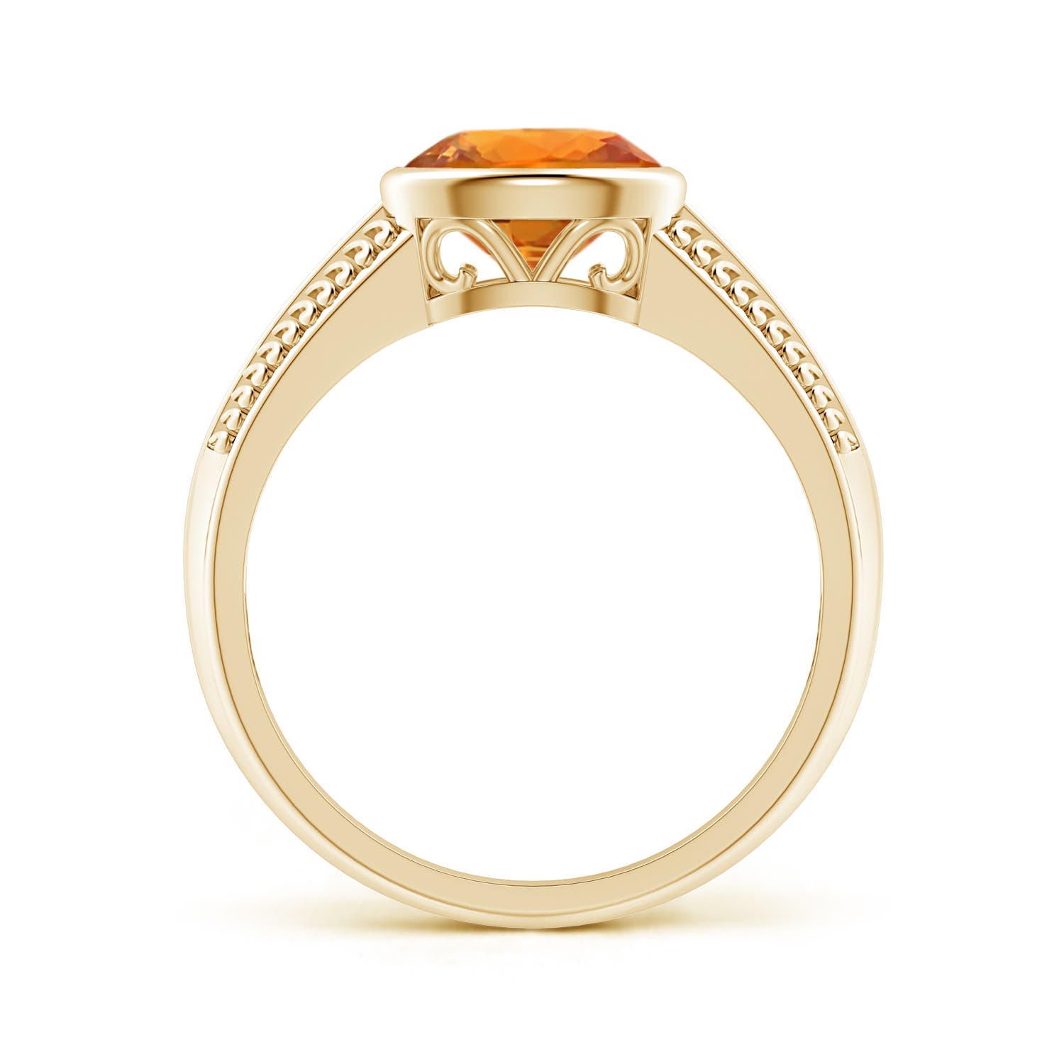 8x6mm AAA Vintage Inspired Bezel-Set Orange Sapphire Ring with Grooves in Yellow Gold - side 2