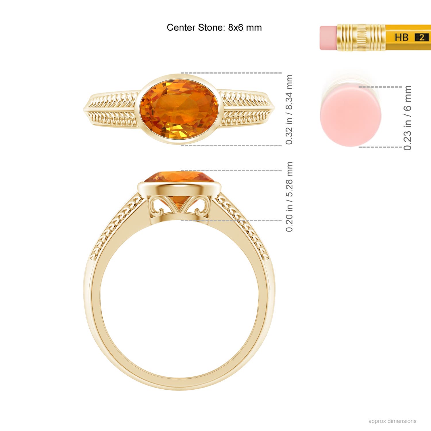 8x6mm AAA Vintage Inspired Bezel-Set Orange Sapphire Ring with Grooves in Yellow Gold - ruler