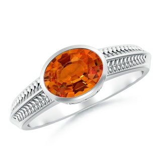 8x6mm AAAA Vintage Inspired Bezel-Set Orange Sapphire Ring with Grooves in White Gold