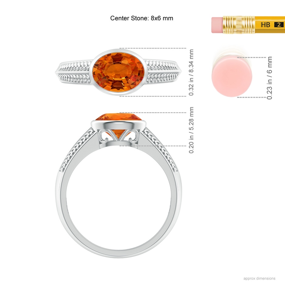 8x6mm AAAA Vintage Inspired Bezel-Set Orange Sapphire Ring with Grooves in White Gold ruler