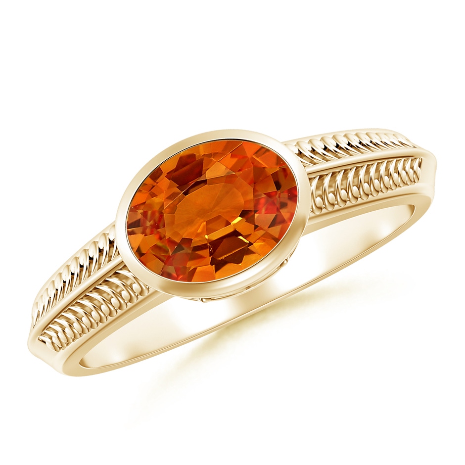 8x6mm AAAA Vintage Inspired Bezel-Set Orange Sapphire Ring with Grooves in Yellow Gold 