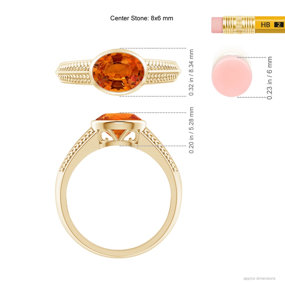 8x6mm AAAA Vintage Inspired Bezel-Set Orange Sapphire Ring with Grooves in Yellow Gold ruler