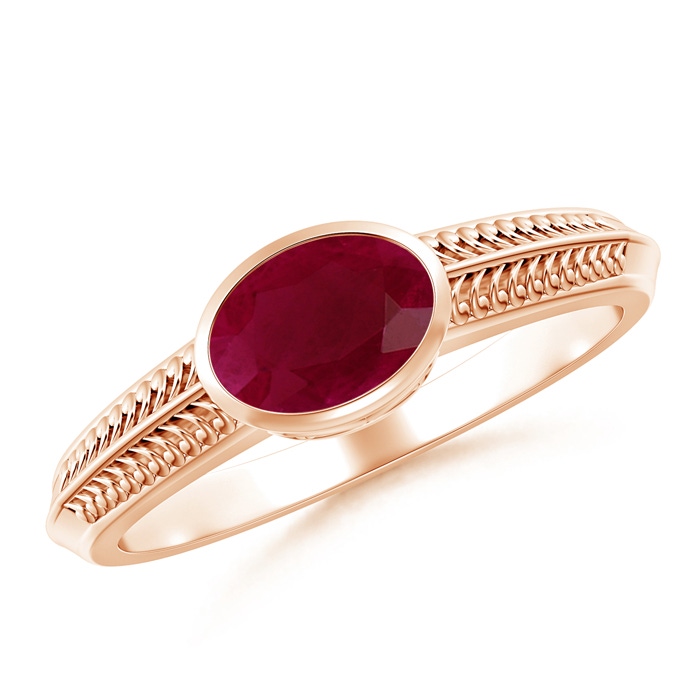 7x5mm A Vintage Inspired Bezel-Set Oval Ruby Ring with Grooves in Rose Gold 