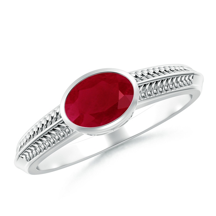 7x5mm AA Vintage Inspired Bezel-Set Oval Ruby Ring with Grooves in P950 Platinum 
