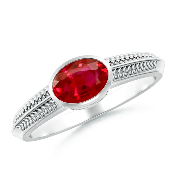 7x5mm AAA Vintage Inspired Bezel-Set Oval Ruby Ring with Grooves in P950 Platinum 